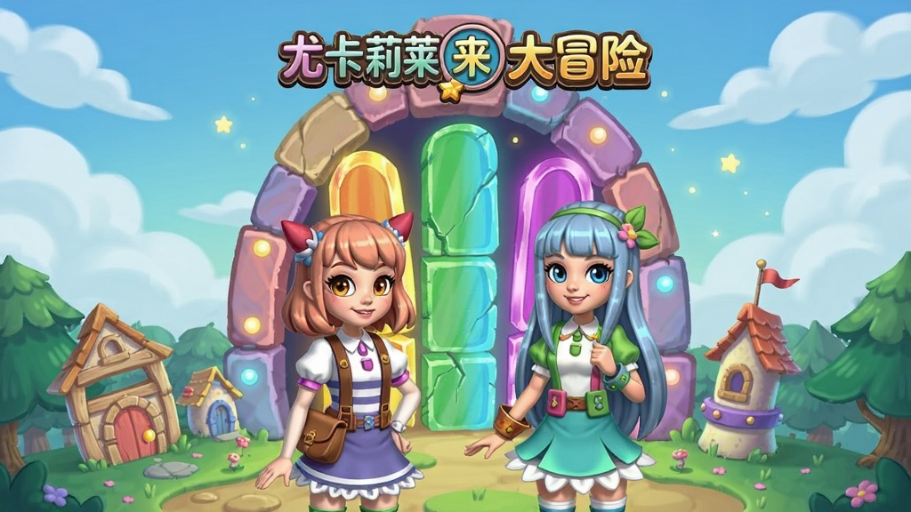 尤卡莉莱大冒险游戏主界面,尤卡和莉莱站在五彩斑斓的关卡入口前,充满童话风格