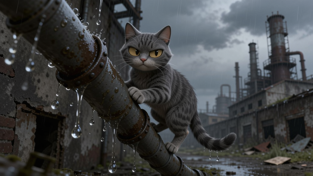 一只灰色野猫在废弃工业城市的雨中爬管道,雨滴溅射,气氛阴暗幽默