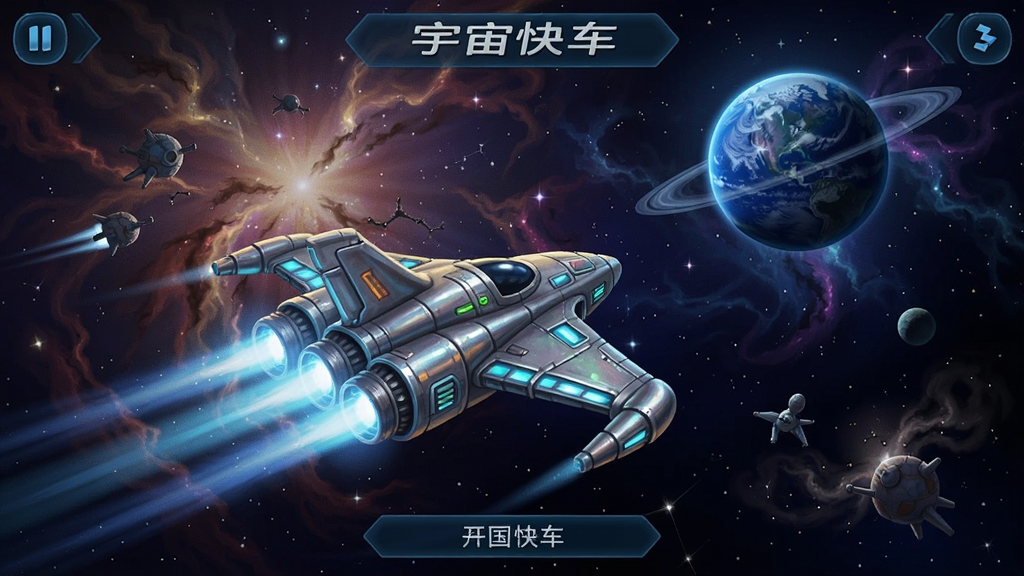 宇宙快车游戏场景,一艘充满科技感的飞船在璀璨星空中飞行,远处有蓝色星球和星云