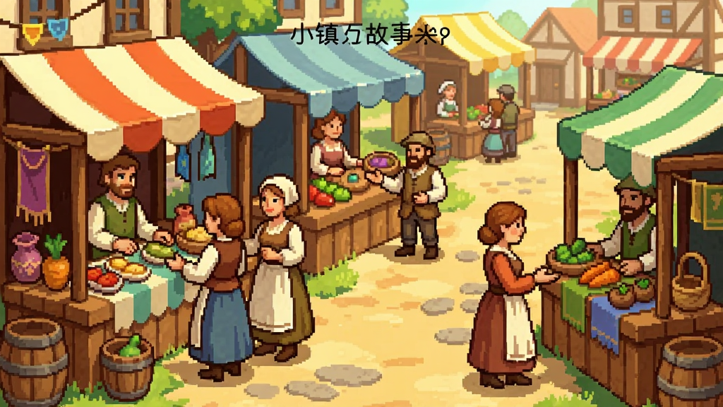 小镇故事游戏中的市集活动场景,居民们在摊位前购物交谈,温馨的画风