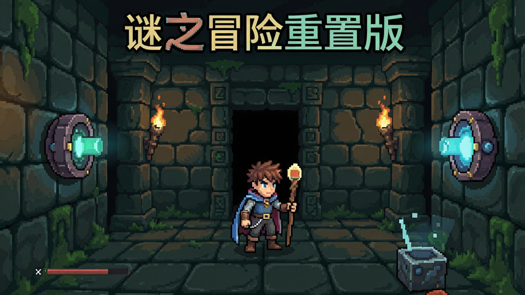 谜之冒险重置版游戏场景,主角在迷宫中解谜,周围有古老的石壁和发光的机关