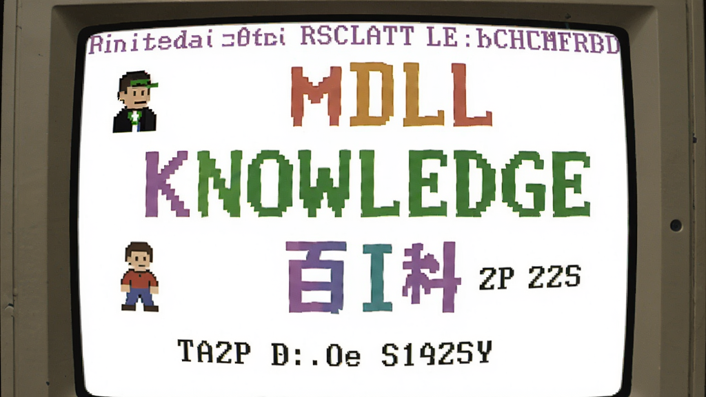 一个复古的DOS界面,屏幕中央显示性知识百科的彩色文字标题,旁边有像素风格的小人图标,背景为老式计算机的CRT显示器边框