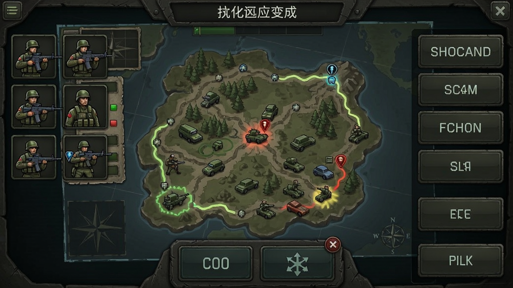 战术应变游戏界面中,指挥官正在查看战场地图,周围有多个兵种图标和战术指令按钮
