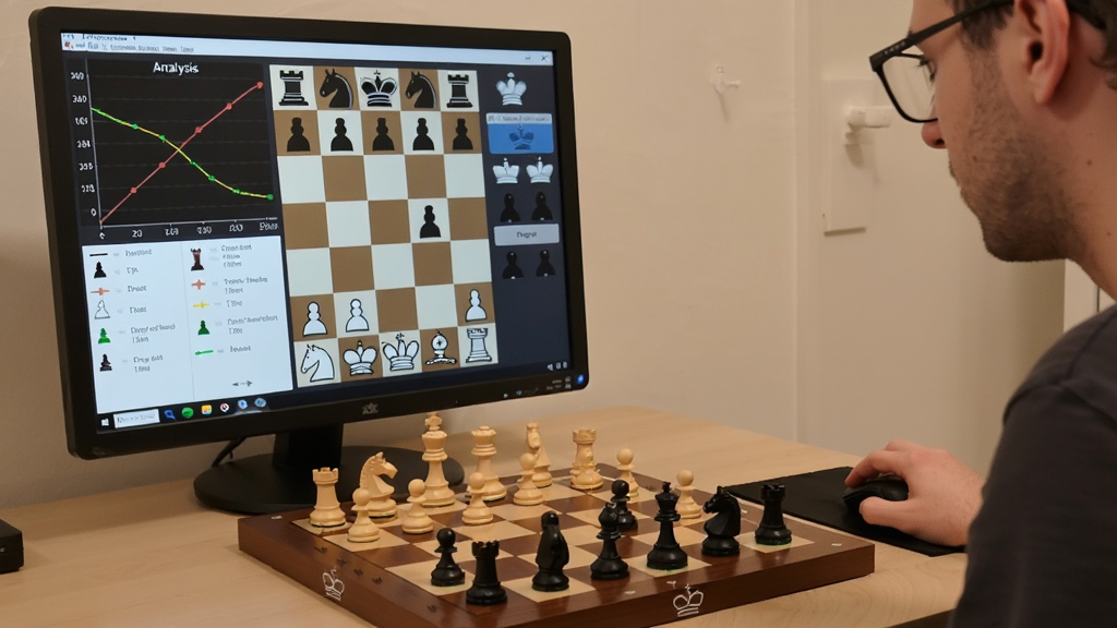 一位玩家正在电脑前使用Schacht国际象棋进行人机对战,屏幕显示棋局分析曲线和建议步骤
