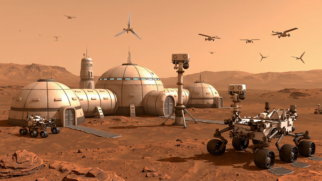 火星表面基地建筑和火星车探险场景