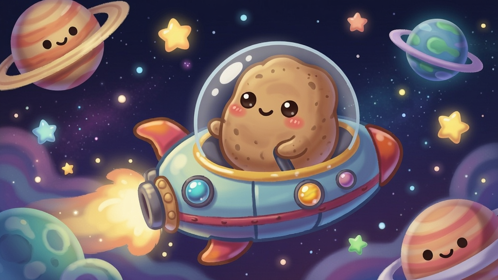一只可爱的土豆驾驶着彩色飞船穿越星云,周围漂浮着发光星星和行星,画风温馨治愈