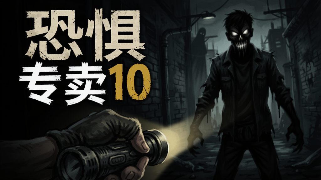 恐惧专卖10游戏封面,黑暗中的恐怖氛围,主角手持手电筒面对阴影