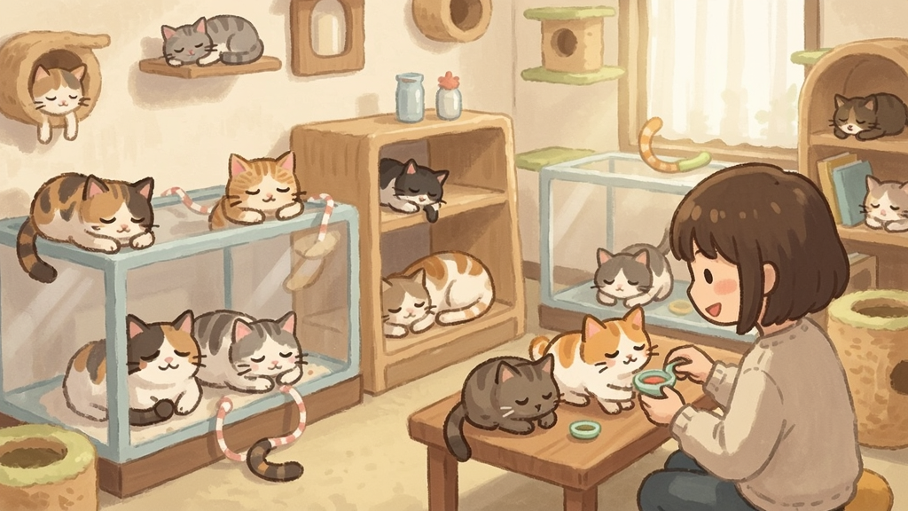 一个温馨的猫咖店内景,多只可爱的猫咪在店内睡觉、玩耍,玩家角色正在喂食猫咪,画面温馨可爱