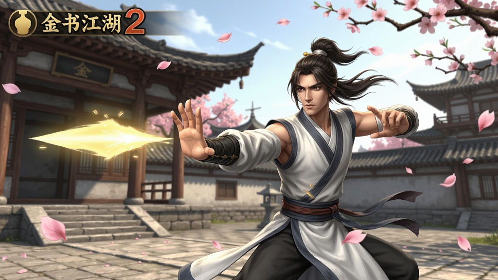 金书江湖2游戏中角色施展武功的场景,画面充满武侠风,背景是古色古香的建筑与飘落的桃花