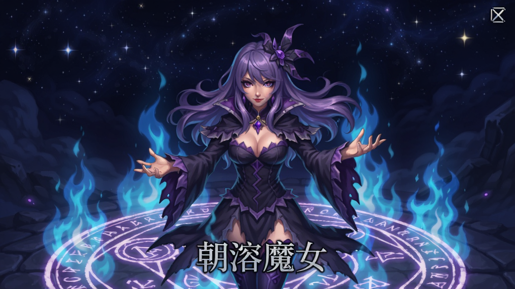 朝溶魔女游戏主界面,一位紫发魔女站在魔法阵中央,周围环绕着蓝色火焰,背景是星空