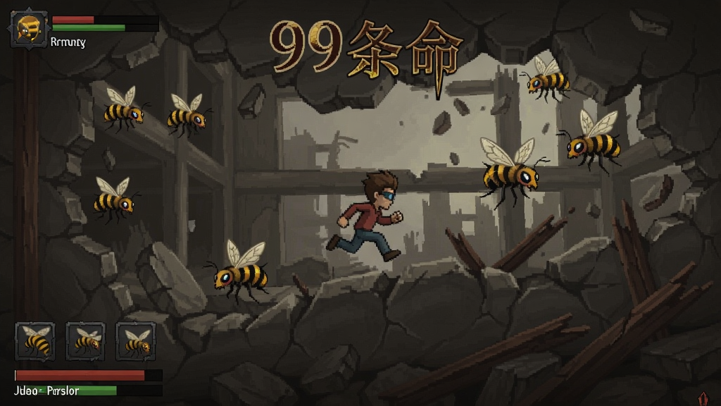 《99条命》游戏剧情场景,主角在崩溃的建筑中跑跳避开随蜂