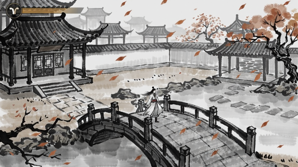 古风游戏花落东阳场景,水墨风格庭院,落叶飘零,主角站立石桥上