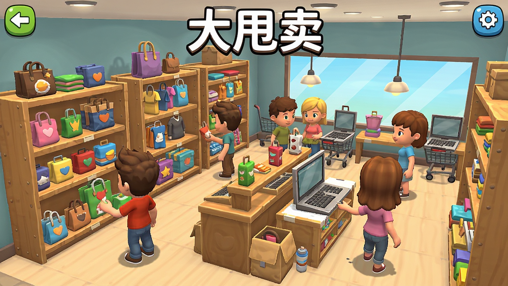 大甩卖模拟器游戏截图,展示甩卖店内部场景,货架上摆满商品,顾客正在挑选,卡通风格