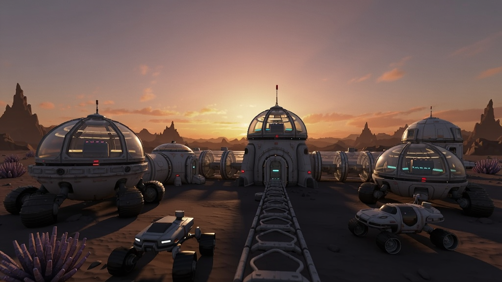 Astroneer 外星基地在夕阳下的 AI 生成图,充满科幻氛围