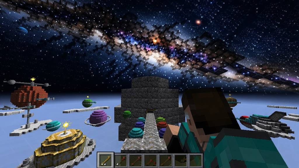 一个玩家在Minecraft星辰世界中站在太空站前,远处是璀璨银河,近处有彩色星球和飞船