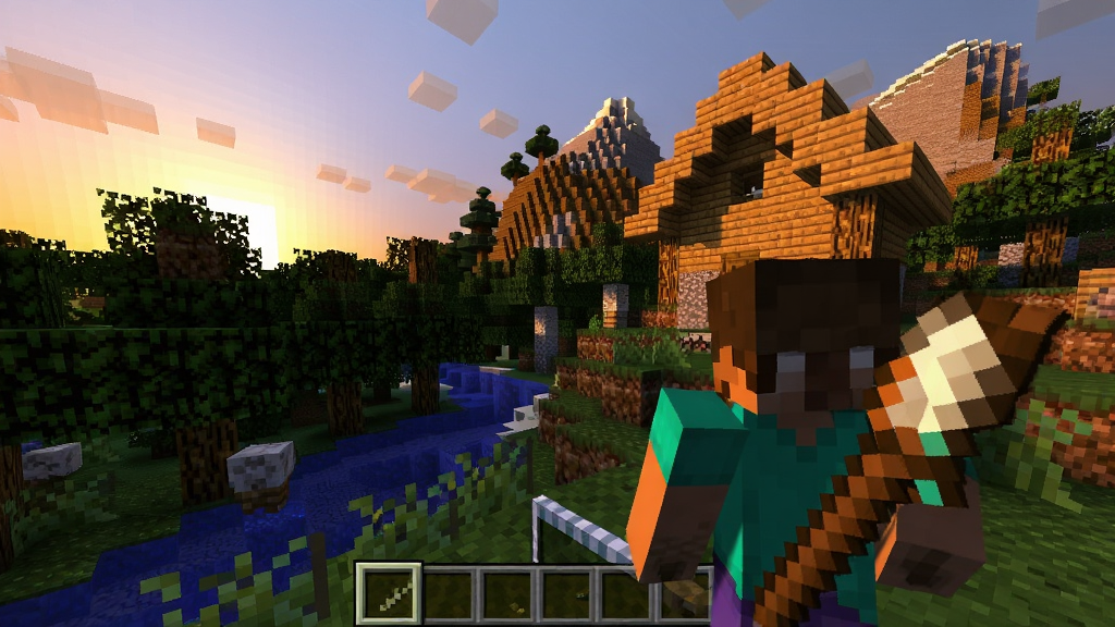我的世界角色在生存世界中探索森林和山脉,背后有一个自建的木屋,暖色光线,娱乐生存氛围