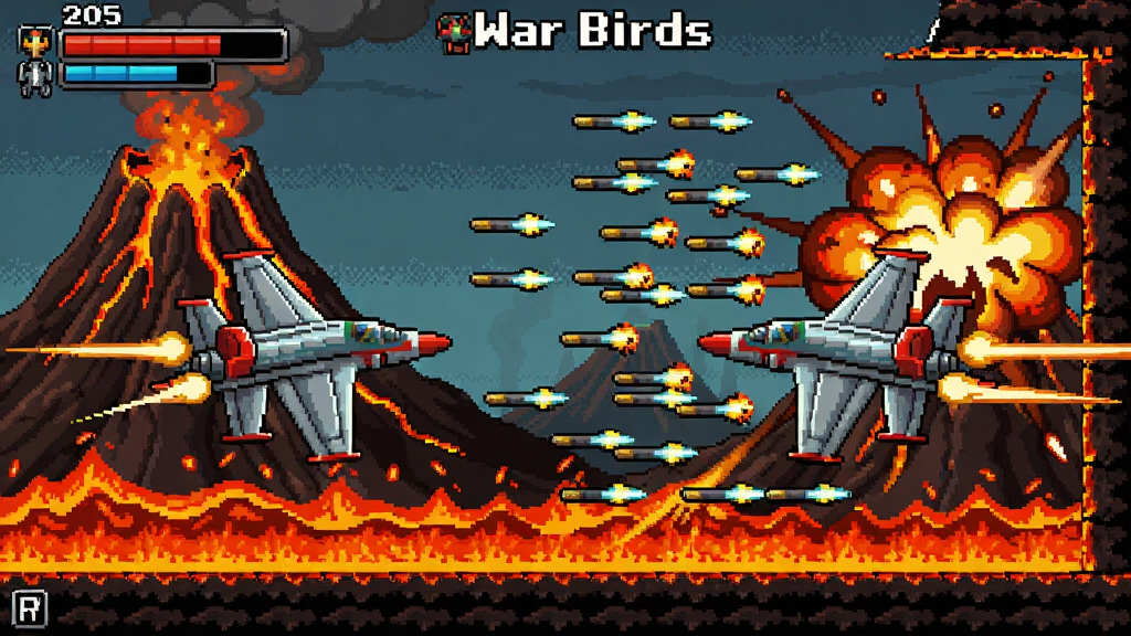 战鸟War Birds游戏截图,两架战机在火山关卡中躲避密集弹幕,背景有烈焰与爆炸特效,像素风格,色彩鲜明