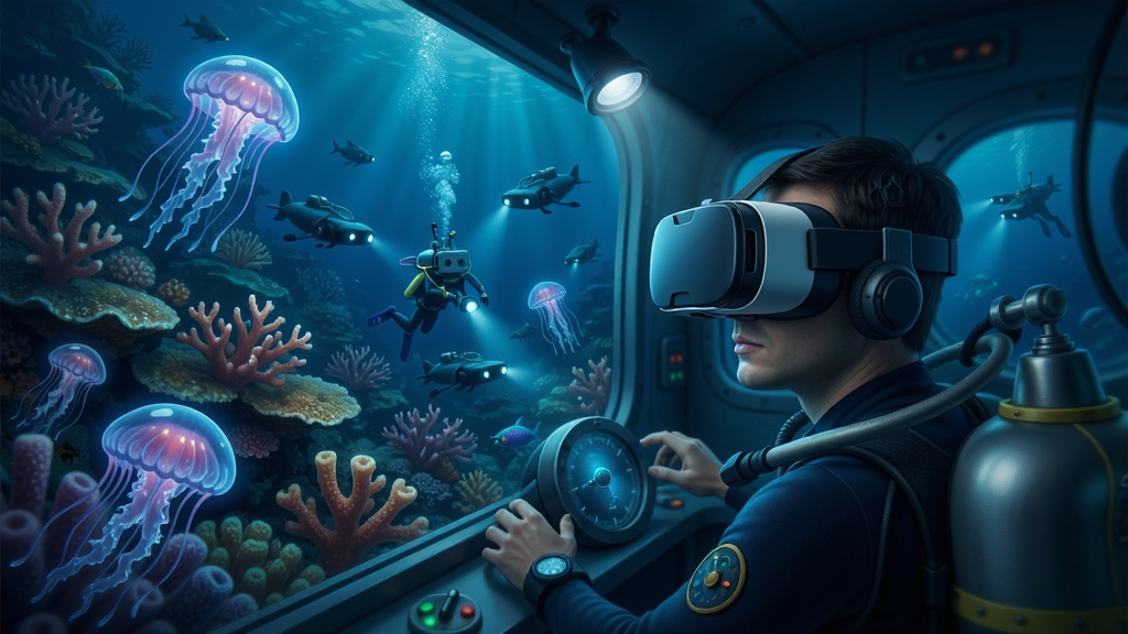 海底探险VR游戏场景,玩家驾驶潜艇在珊瑚礁中穿梭,周围有发光的深海生物