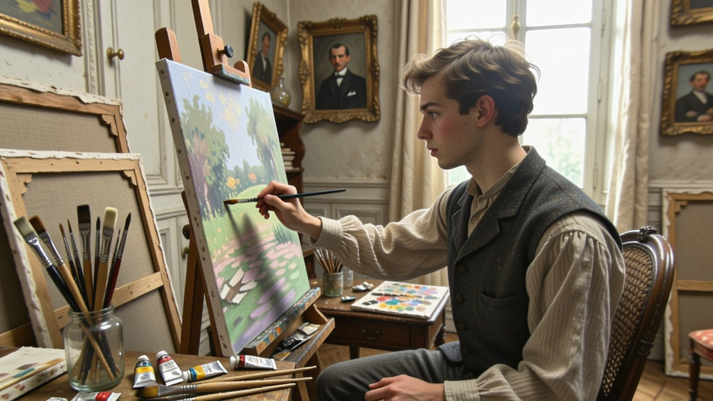 雷诺阿 Renoir 游戏画面,古典风格的房间内有一位年轻画家正在作画,周围散落着笔和画布