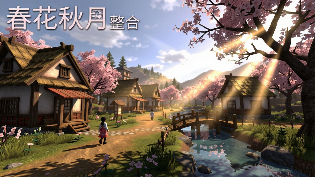 春花秋月整合包中的樱花村庄与动态光影效果场景图