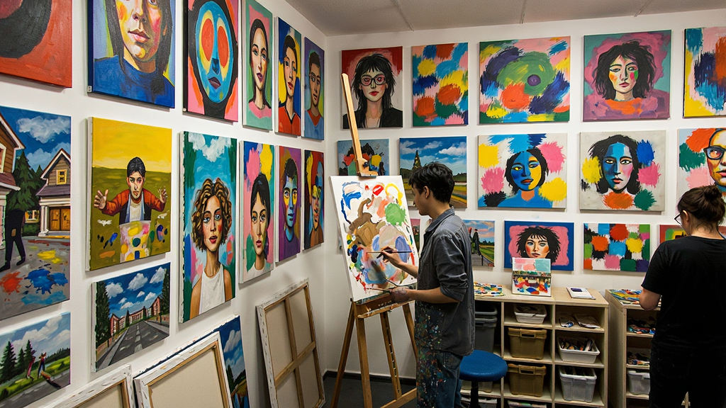 画店内部场景,墙上挂满色彩鲜艳的画作,玩家正在画架前创作
