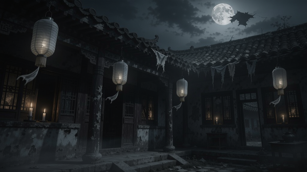 一座阴森古老的中式宅院,月光下破败的屋檐和飘动的白色灯笼,雾气弥漫,窗户透出微弱烛光,营造恐怖悬疑氛围