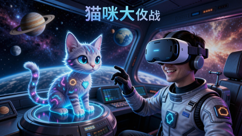 外星猫咪大作战VR游戏中玩家在太空飞船里与一只发光的外星猫咪互动的场景,色彩绚丽,沉浸感强