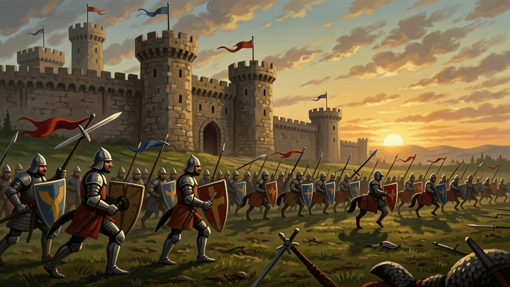中世纪城堡前的战场,骑士与士兵列阵,夕阳余晖,油画风格