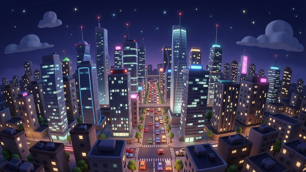 一座繁华的现代化城市夜景,高楼林立,灯火辉煌,车流如织,3D游戏画面风格