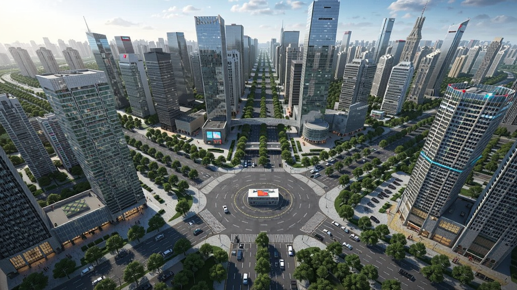 一座繁华的现代城市鸟瞰图,高楼林立,道路纵横,绿树成荫,充满生机