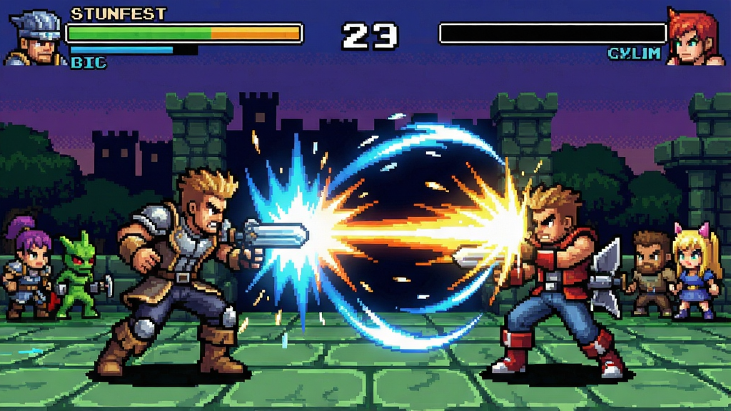 Stunfest 游戏角色对战场景,华丽的连招特效与像素风格背景