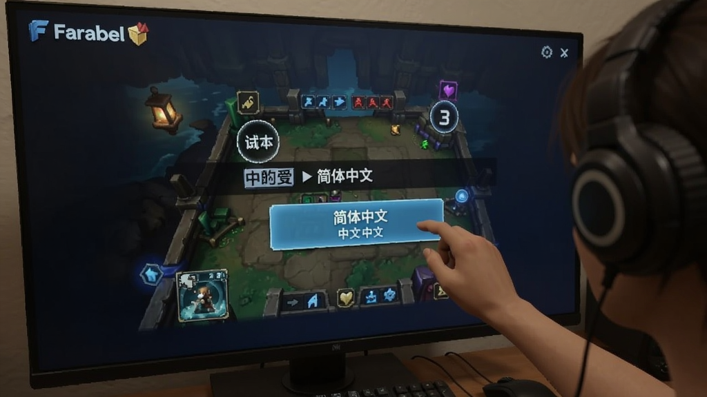 一位玩家正在Farabel的游戏设置界面中选择中文语言选项,界面清晰显示“简体中文”字样
