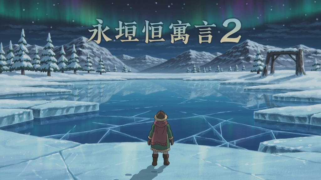 永恒寓言2冰天雪地游戏场景,角色站在冰冻湖泊前,远处有雪山和极光,手绘风格,画面唯美