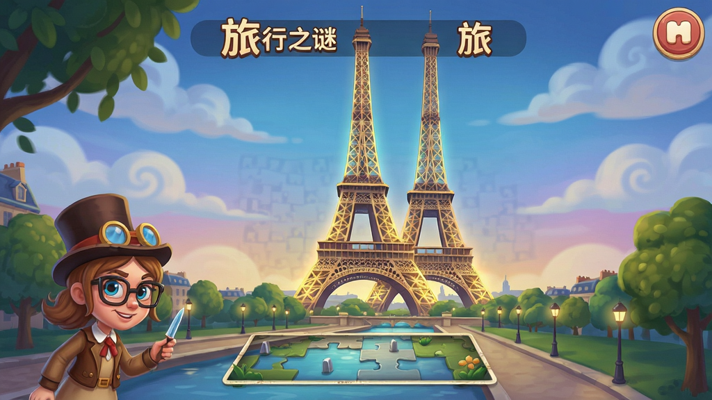 旅行之谜法国之旅游戏场景,法国巴黎埃菲尔铁塔背景下的解谜画面,风格精美卡通