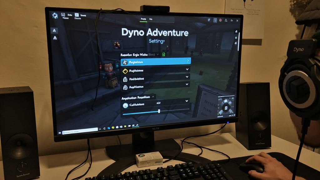 电脑屏幕前显示Dyno Adventure设置界面,画质选项清晰可见,玩家正在调整分辨率。