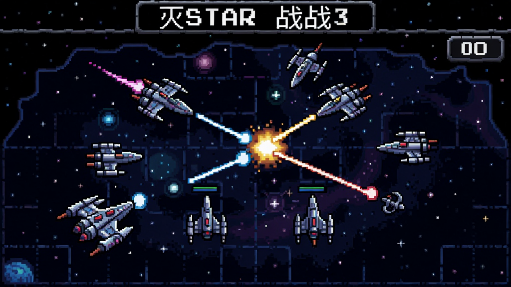 灭星战棋游戏画面,星际舰队在星图上对战,像素风格,科幻背景