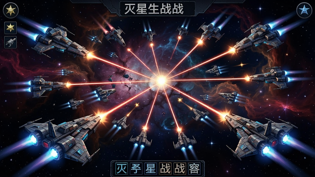 灭星战棋游戏中的太空舰队大战场景,星云背景,战舰发射激光
