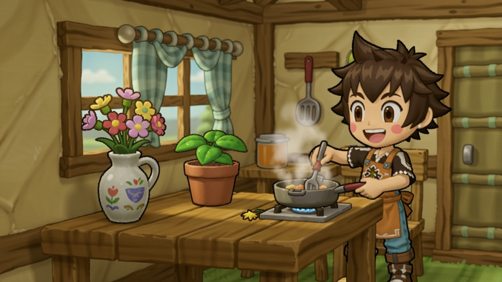 一个温馨的小屋室内场景,桌上摆着花瓶和一盆植物,游戏主角快乐地正在烹饪