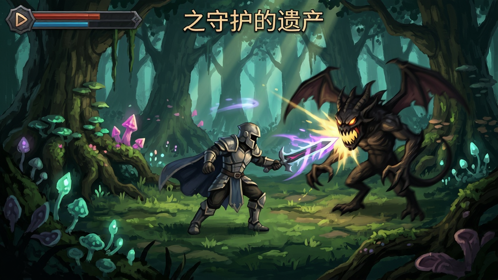 光之守护者的遗产游戏场景,主角在魔法森林中与怪物战斗