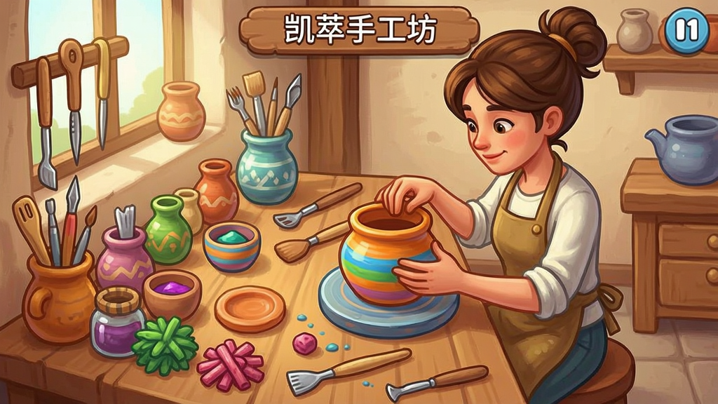 凯萃手工坊游戏画面,玩家正在制作彩色陶罐,周围摆放着各种工具和材料