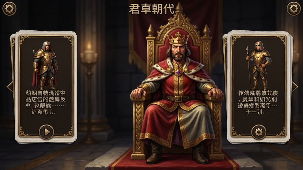 君王朝代游戏界面截图,国王坐在王座上,左右滑动选择决策卡片