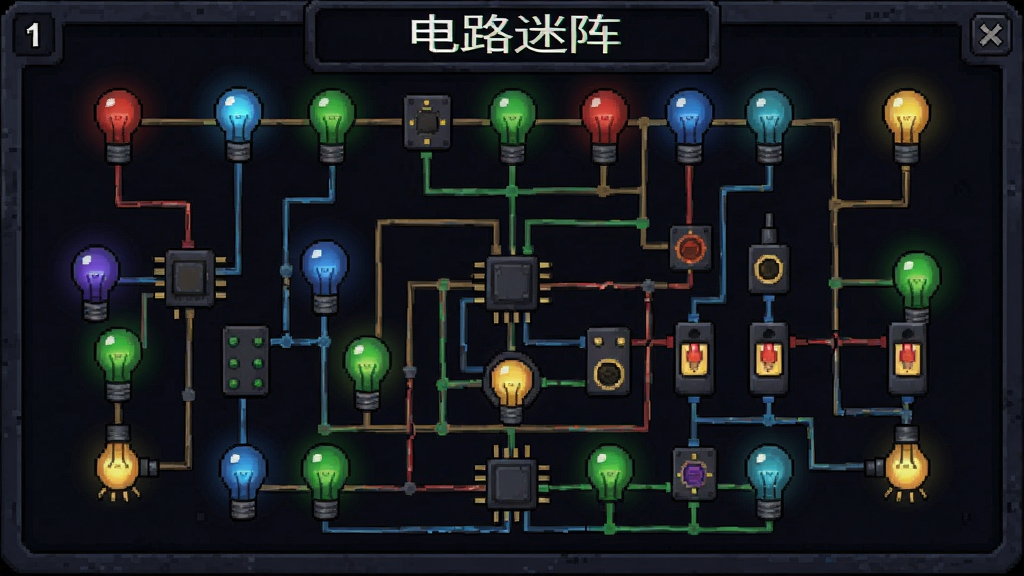 电路迷阵游戏截图,展示复杂的电路连接画面,彩色灯泡亮起