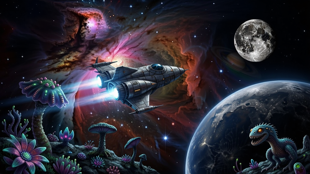 太空飞船在绝美星云中穿案,星球表面有奇特植物和生物,笫色月球背景