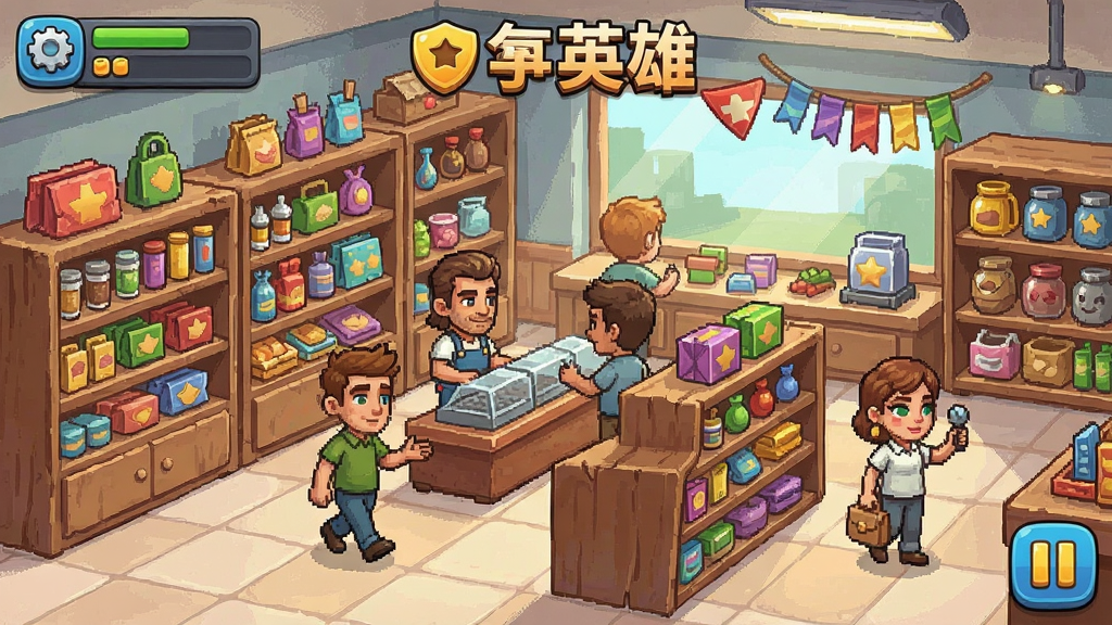 商店英雄游戏截图,展示丰富的商品货架和忙碌的商店场景
