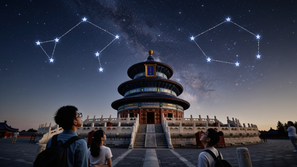天坛星座眼睛的游戏场景,星空下的古老天坛,星座线条闪烁,人物仰望星空