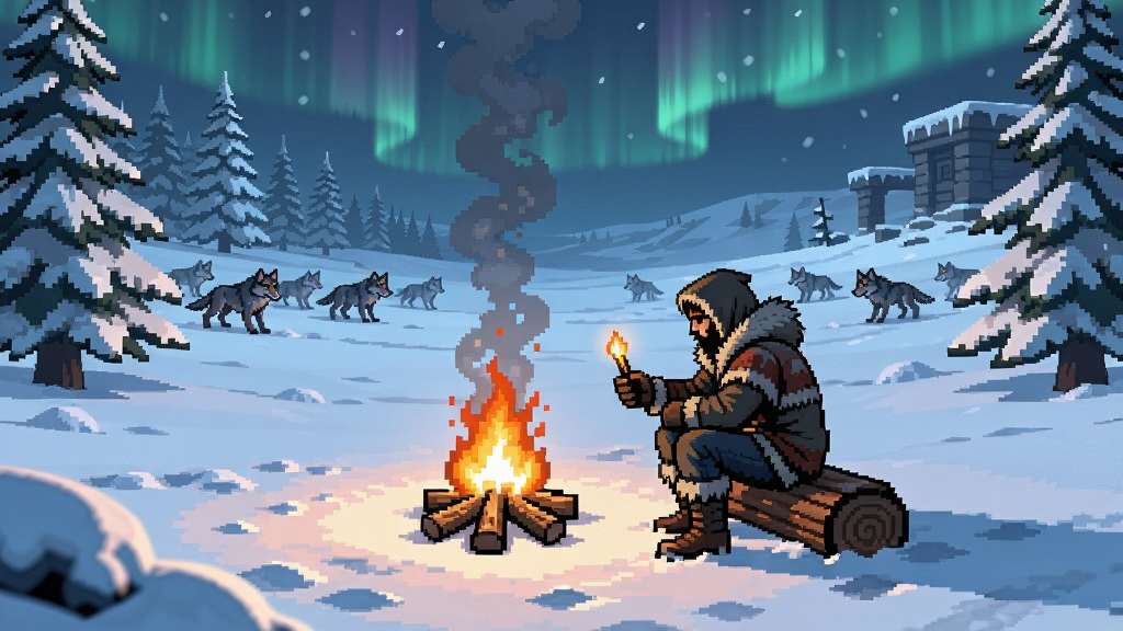 无尽的冬天游戏场景,主角在雪地中点燃篝火取暖,远处有狼群