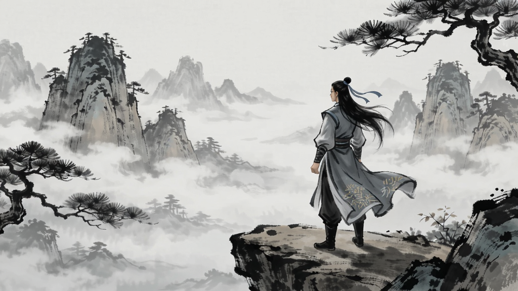 若雪未央游戏场景,古风山水画风,主角在云雾缮绕的山峰上眺望远方