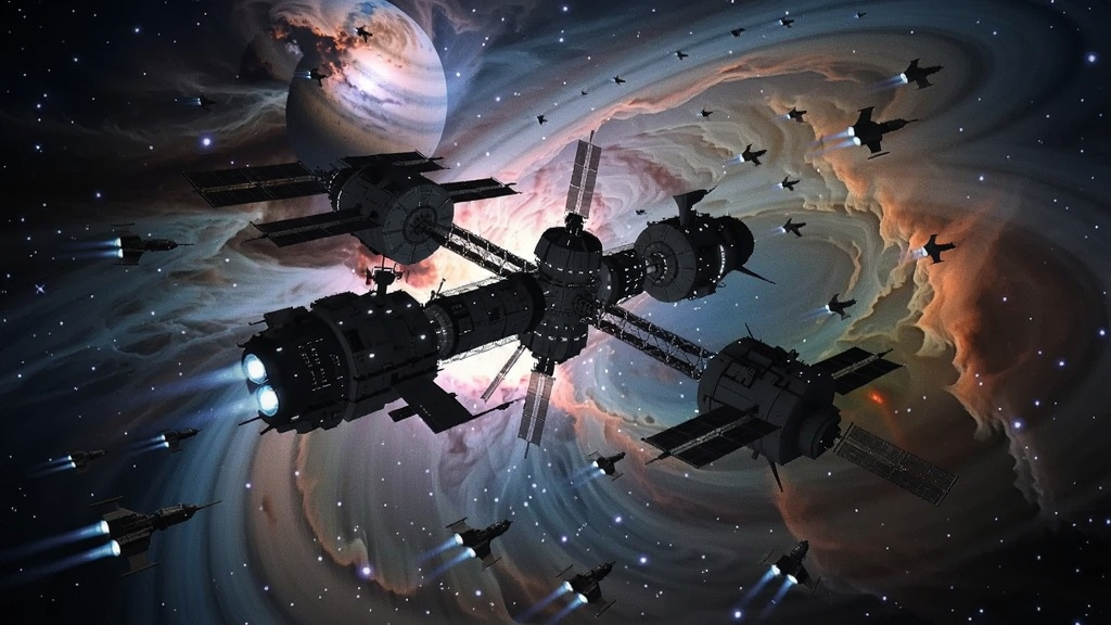 一艘巨大的空间站在星云中缓缓旋转,周围环绕着小型飞船和闪烁的星星,充满未来科技感
