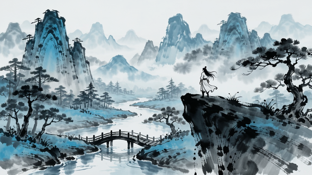 花之殇游戏内的江湖场景,水墨画风,蓝色山林与小桥流水,主角穿着白衣站在山尖上