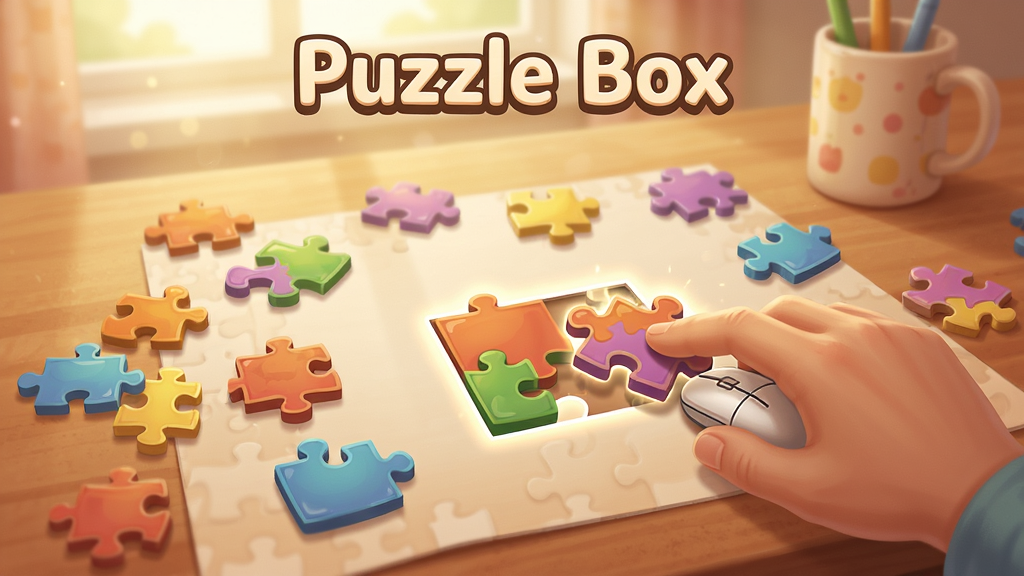 拼图盒子Puzzle Box游戏界面,五颜六色的拼图碎片在桌面上,用户正用鼠标拖动一块拼图到正确位置,画面温馨明亮